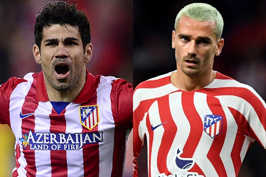 Diego Costa, com escudo tradicional, e Griezmann, com o que será abandonado pelo Atlético de Madri