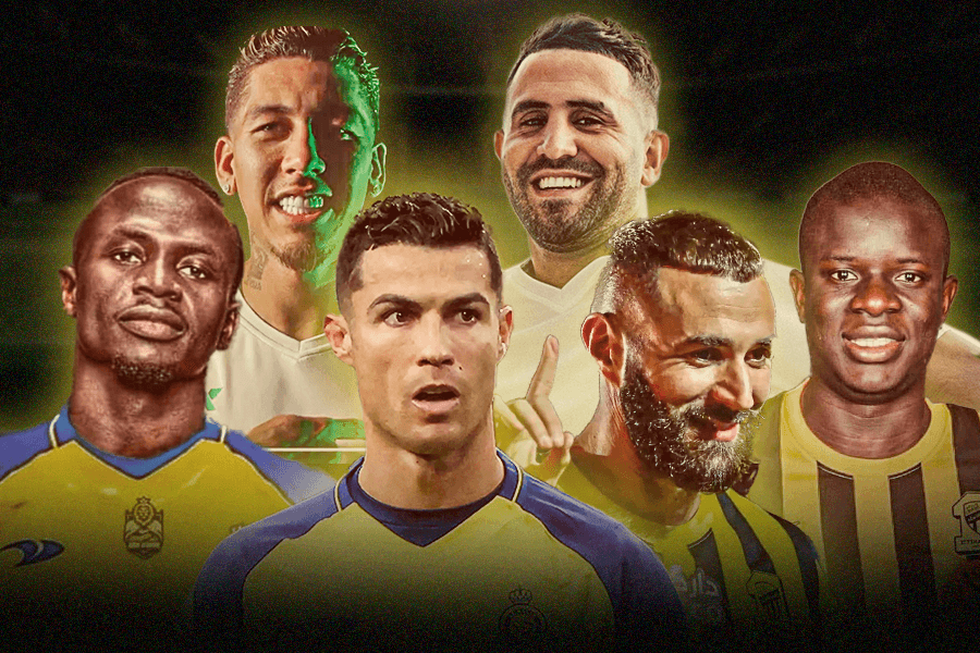 CR7, Benzema, Kanté, Mané, Firmino e Mahrez são alguns dos craques da liga saudita - Bruna Franco/Arte/Placar