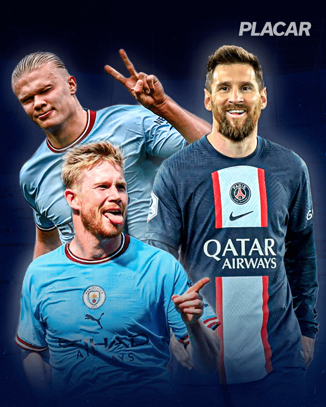 Lionel Messi, Erling Haaland e Kevin De Bruyne são os finalistas do prêmio da Uefa de melhor da temporada - Bruna Franco/Arte/Placar