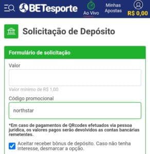tela de depósito Betesporte