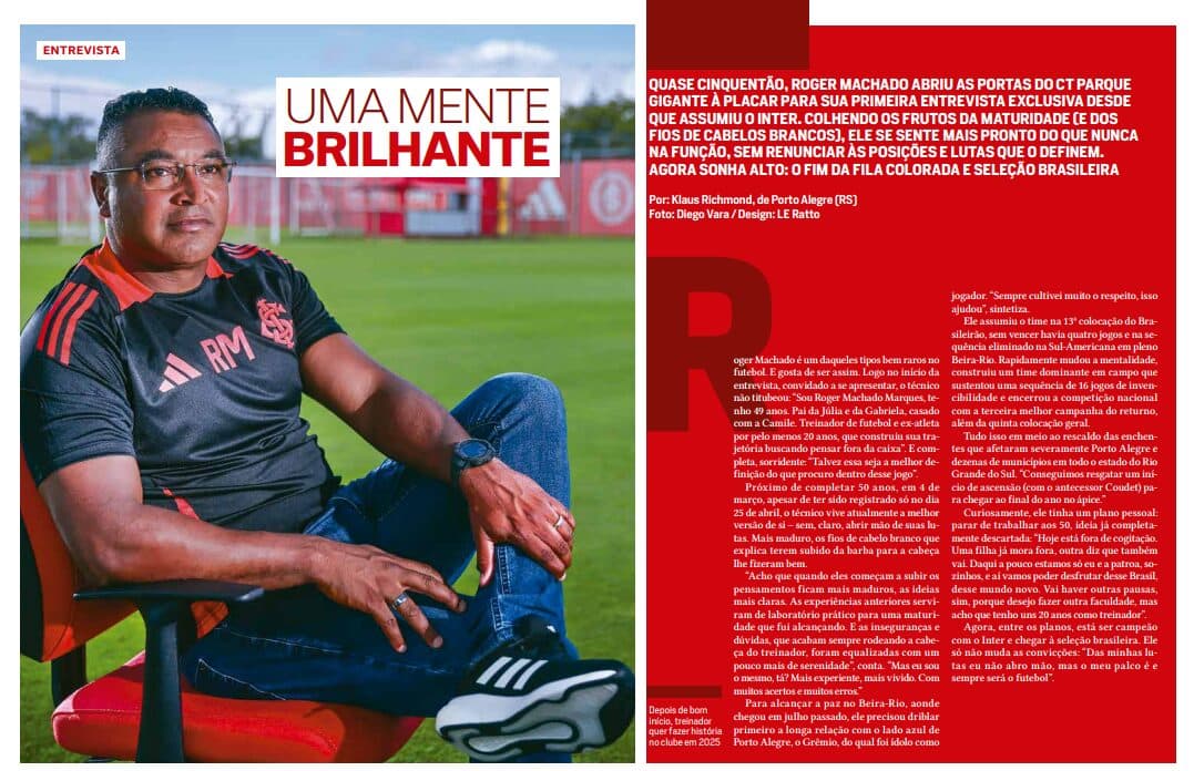 Roger Machado, técnico do Inter, na Placar de fevereiro