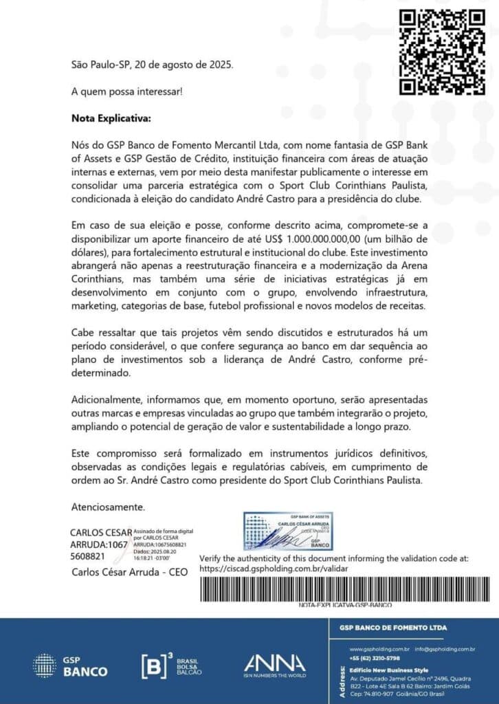 Carta emitida pela GSP e assinada por Carlos César Arruda garantindo o aporte de 1 bilhão de dólares ao Corinthians / Reprodução