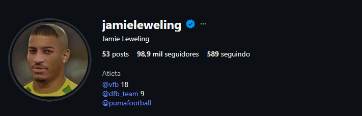 Perfil de Jamie Leweling no Instagram e a homenagem com o 