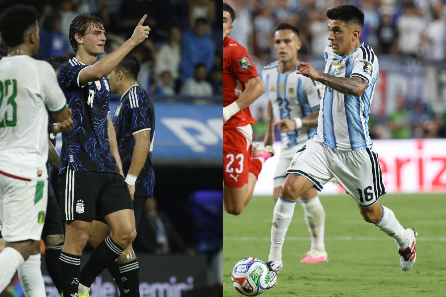 Nico Paz (à esq.) e Thiago Almada (à dir.) em ação pela Argentina - Reprodução/@Argentina e EFE/ Kenneth Fernández