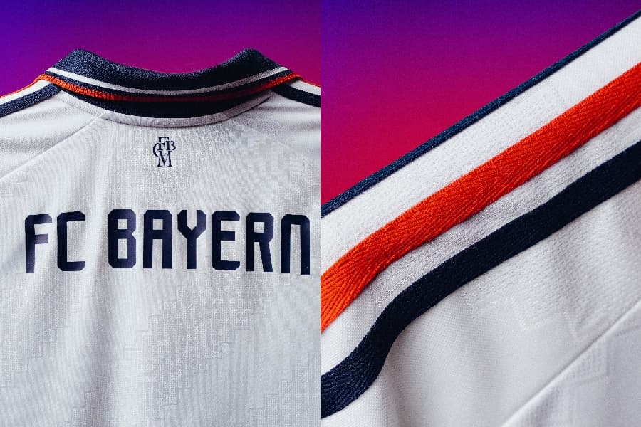 Detalhes da gola (à esq.) e da manga (à dir.) do segundo uniforme do Bayern - Reprodução/@FCBayern