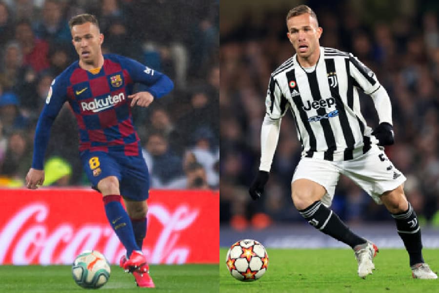 Arthur em ação por Barcelona (à esq.) e Juventus (à dir.) - Arquivo
