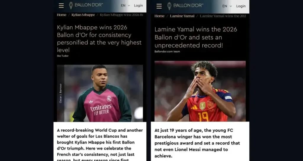O site oficial da Bola de Ouro publicou textos sobre vencedores diferentes por engano - Foto: Reprodução/Bola de Ouro