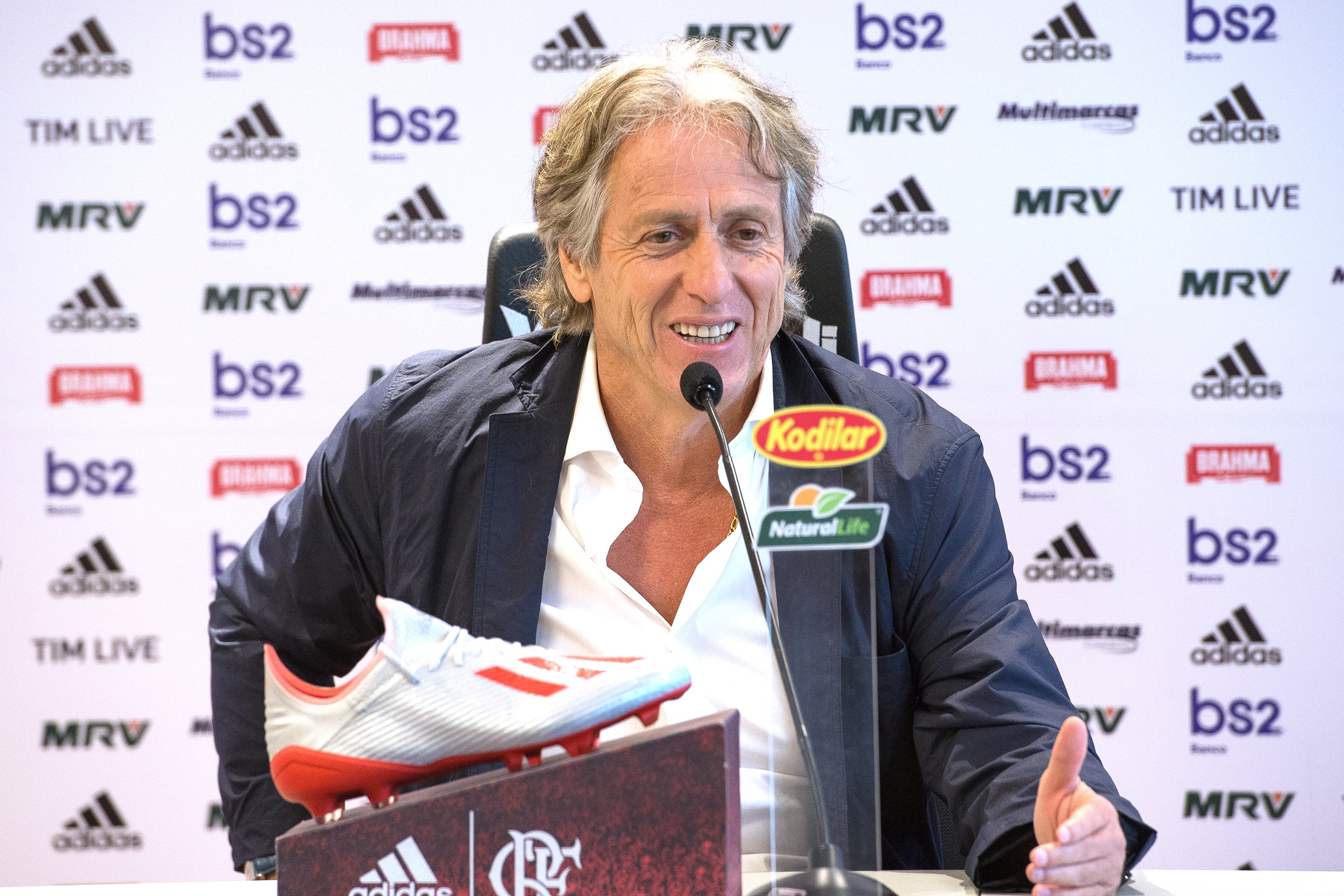 O técnico português Jorge Jesus, do Flamengo, na coletiva desta segunda, no CT Ninho do Urubu, no Rio – 10/06/2019