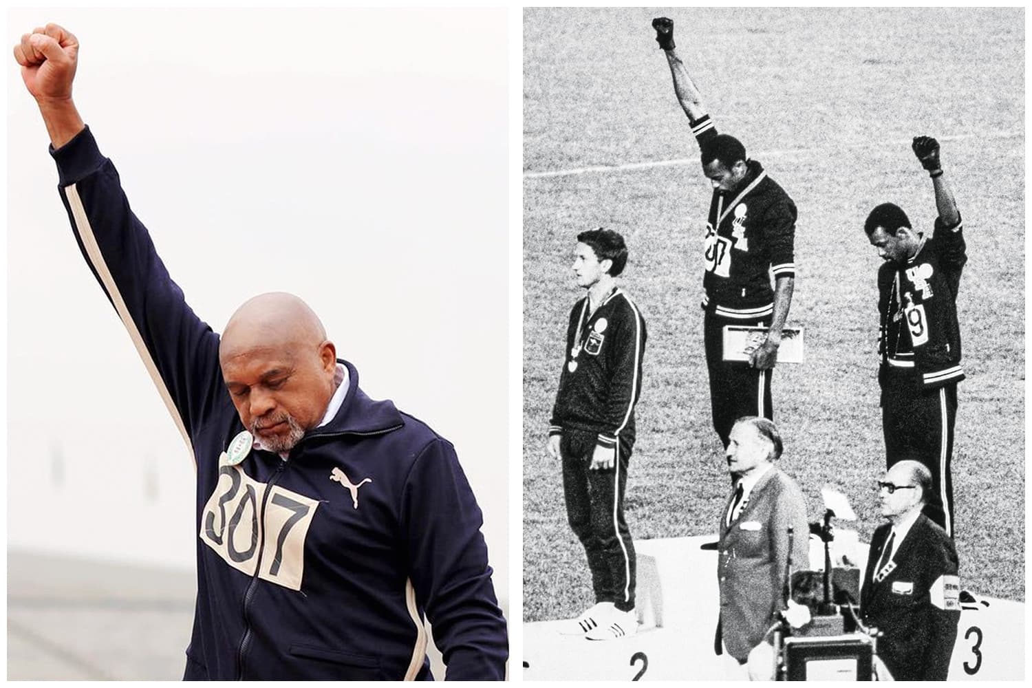 ETERNO - O punho cerrado em 1968 (no centro) e agora: o reconhecimento depois de cinco décadas –