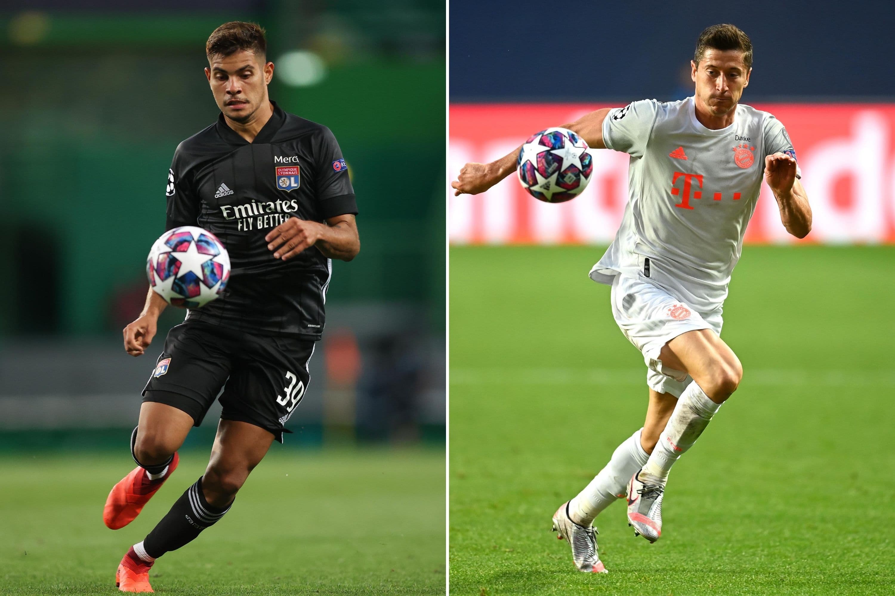 O brasileiro Bruno Guimarães, da surpresa Lyon, e o polonês Robert Lewandowski, artilheiro do Bayern: equipes se enfrentam na semifinal da Liga dos Campeões