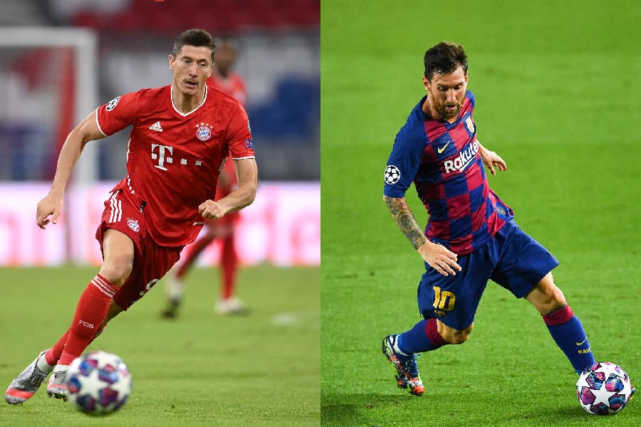 O polonês Robert Lewandowski, artilheiro do Bayern de Munique, e o argentino Lionel Messi, destaque do Barcelona