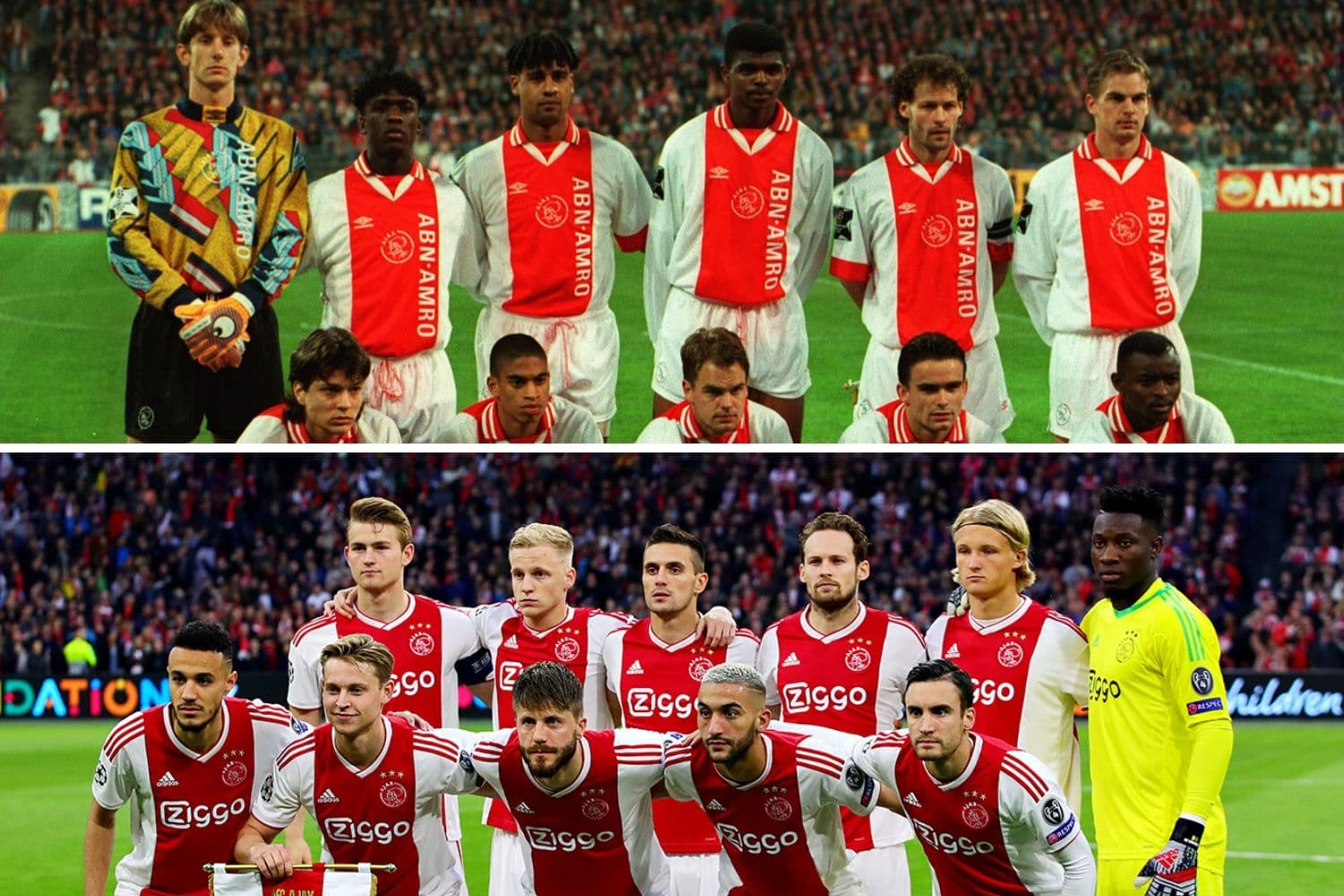 Os elencos do Ajax nos anos de 1995 e de 2019