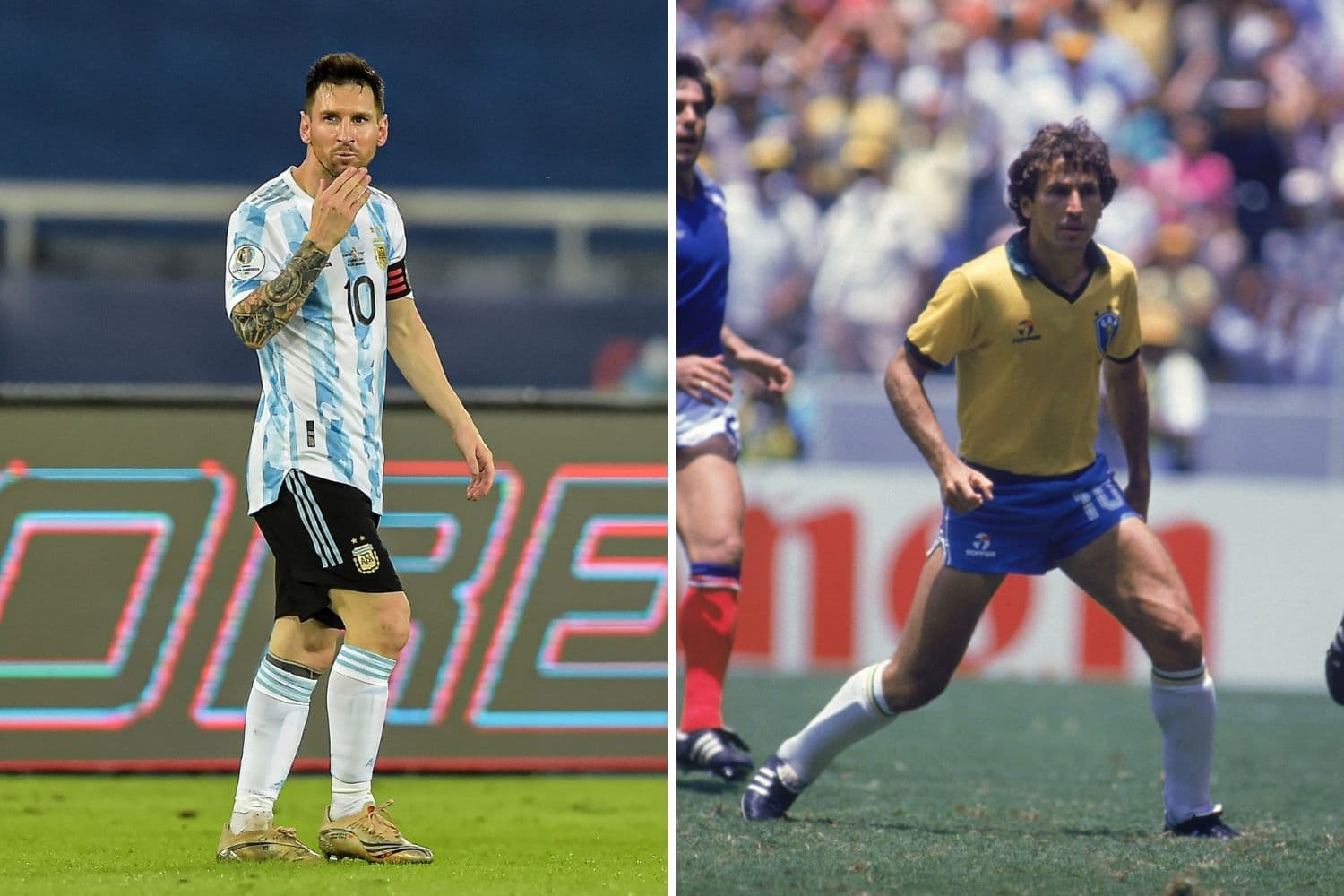 Messi e Zico, jogando pelas suas seleçoes
