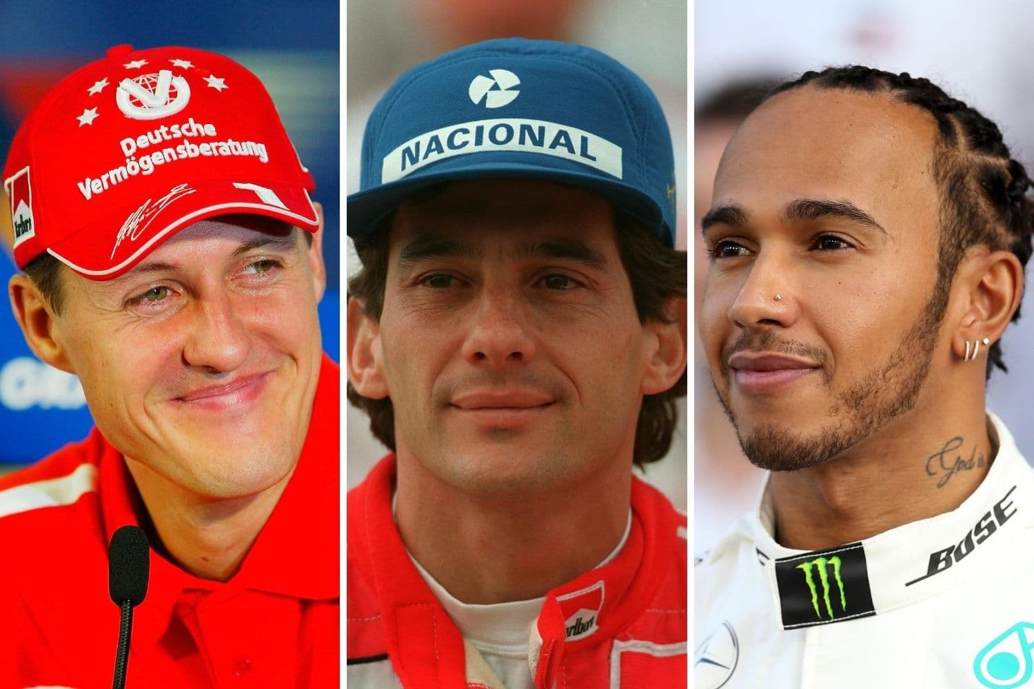 Michael Schumacher, Ayrton Senna e Lewis Hamilton –
