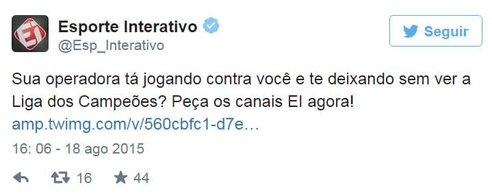 Esporte Interativo pede que internautas pressionem suas operadoras para incluir o canal na grade