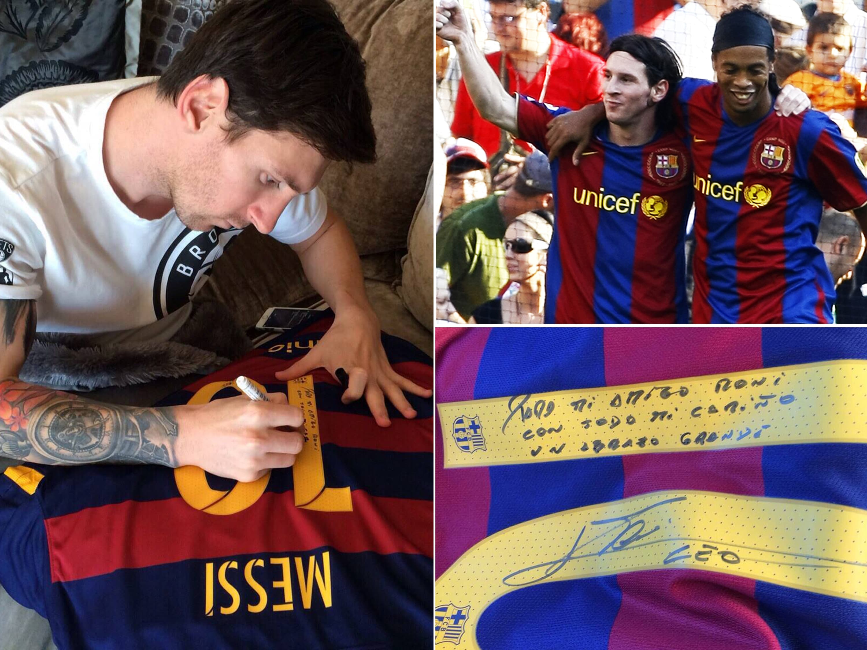 Messi autografa camisa para o ex-companheiro de Barcelona Ronaldinho Gaúcho