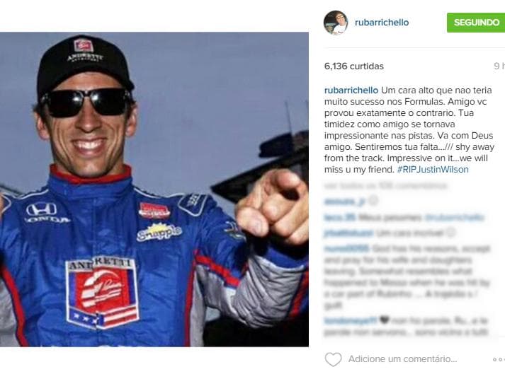Rubens Barrichello lamentou a morte de Justin Wilson em sua conta no Instagram