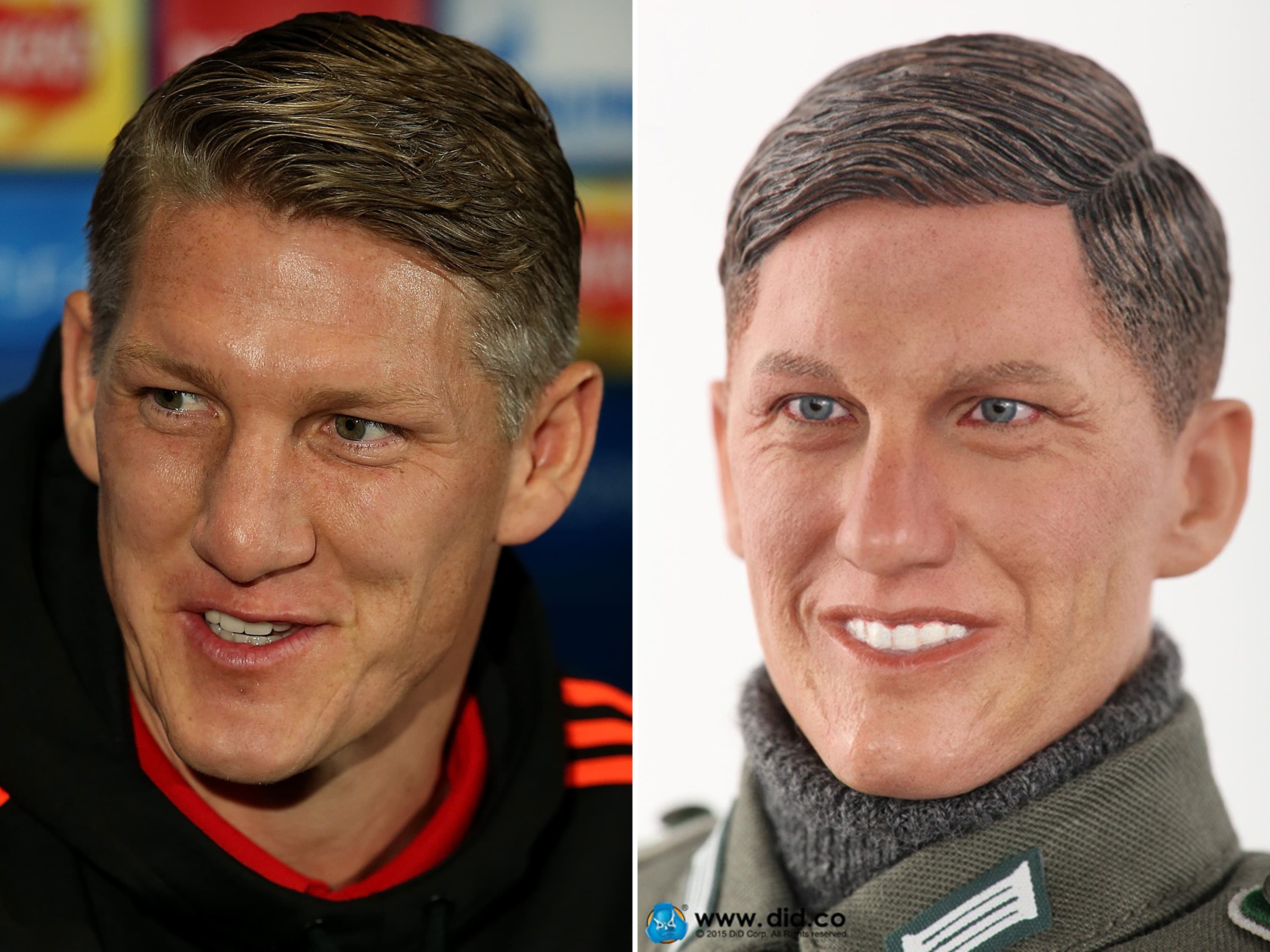 Boneco usando uniforme nazista com o rosto idêntico ao do jogador da seleção alemã Bastian Schweinsteiger