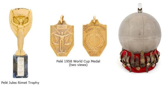 Réplica da Jules Rimet, medalha da Copa do Mundo e coroa com a bola do milésimo gol estão no leilão de Pelé