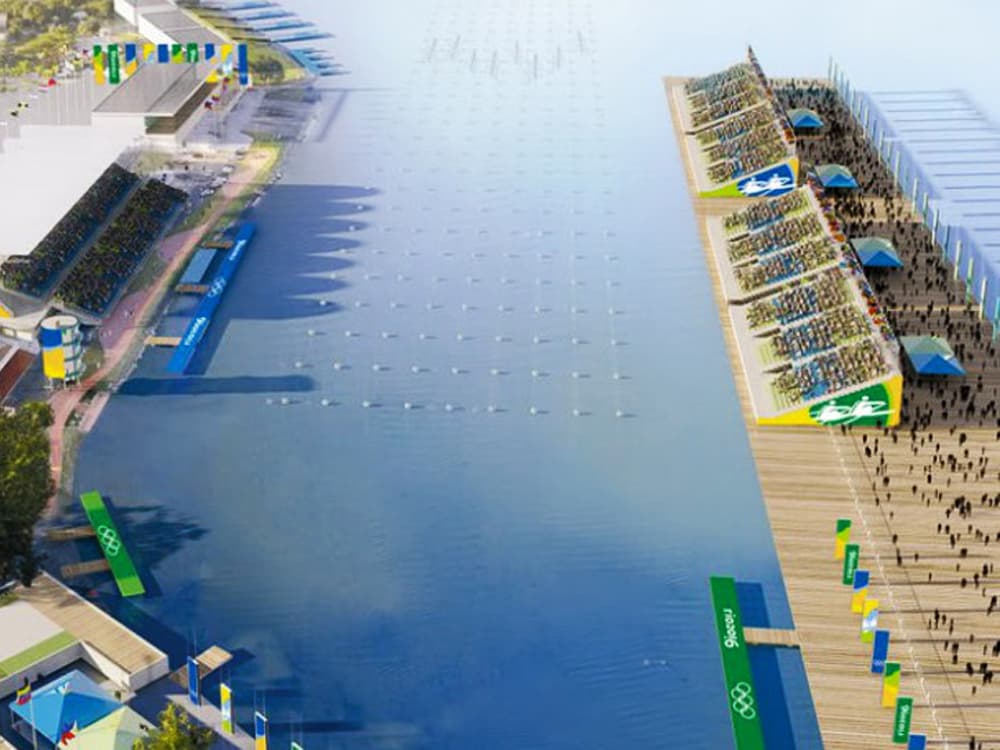 O projeto de instalar arquibancadas flutuantes (à esq.) para a competição de remo da Olimpíada, na Lagoa Rodrigo de Freitas, foi arquivado para reduzir os custos dos Jogos