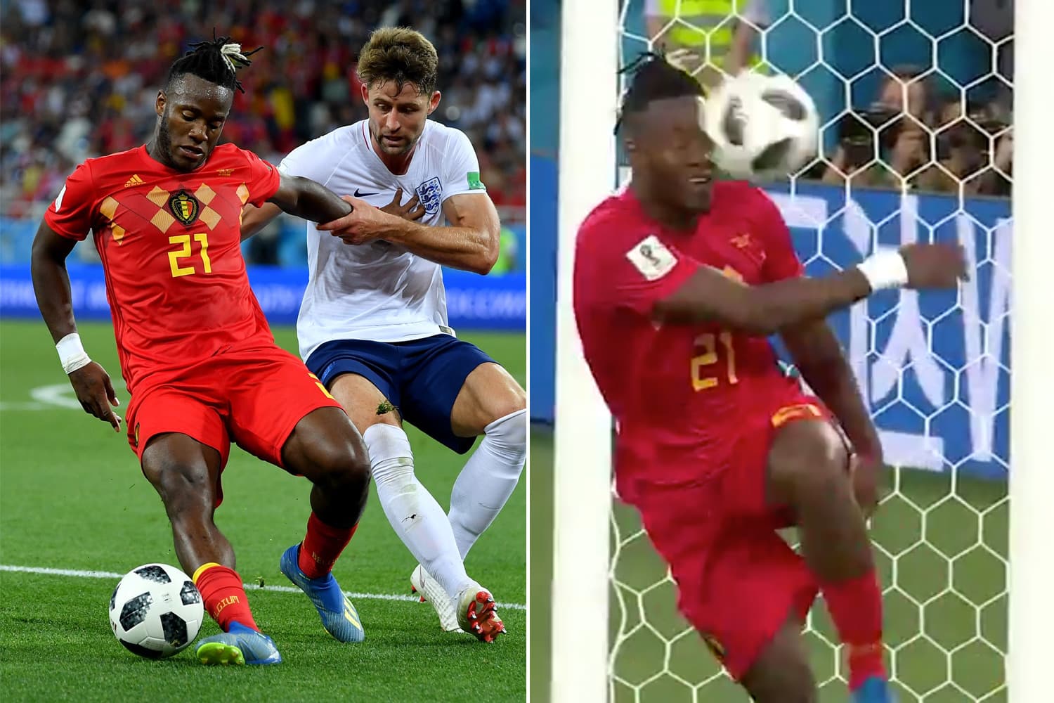 Batshuayi, atacante da seleção belga, dá uma bolada no próprio rosto ao comemorar gol