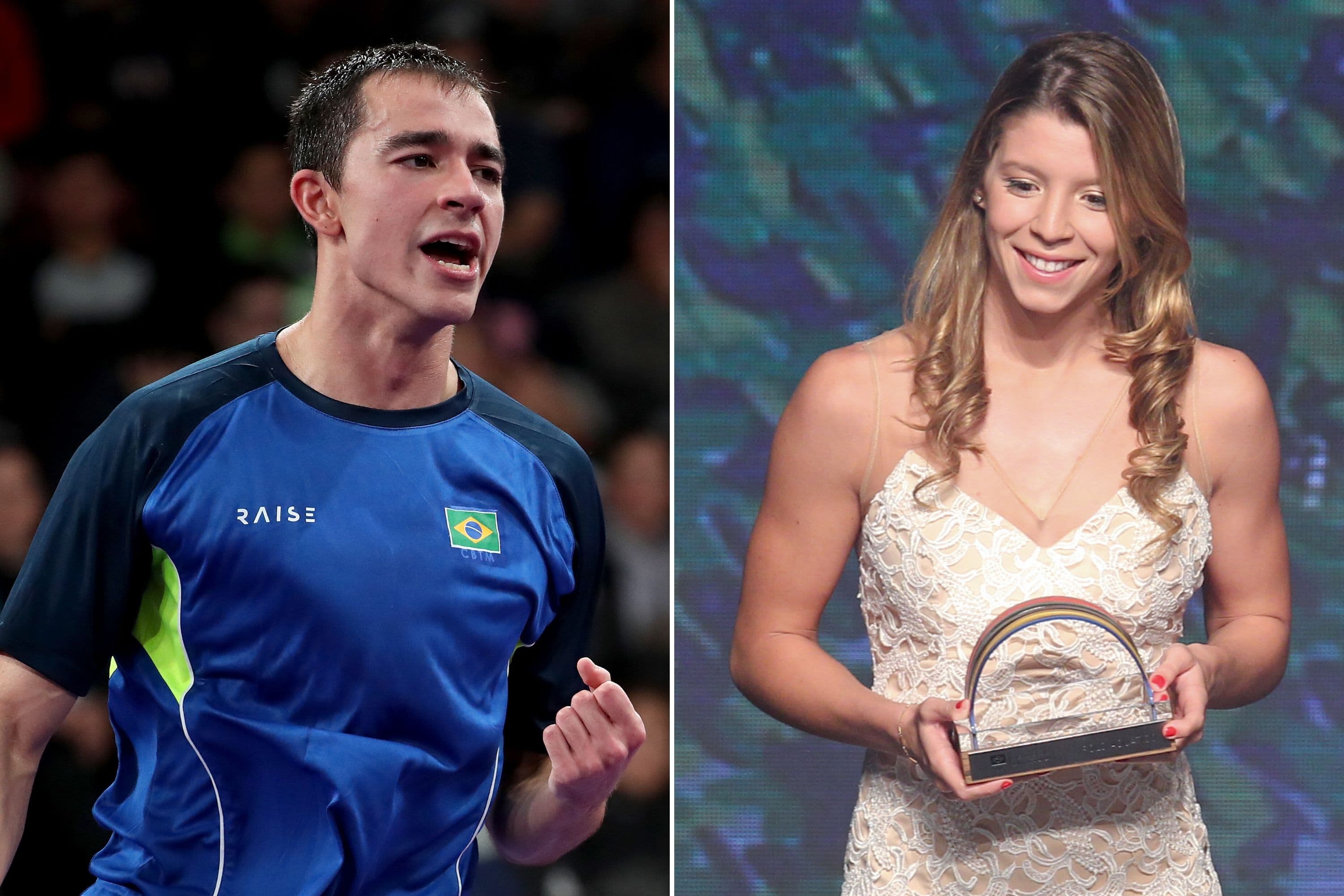Hugo Calderano, do tênis de mesa, e Izabella Chiappini, do polo aquático: atletas improvisam para manter a forma em tempo de coronavírus