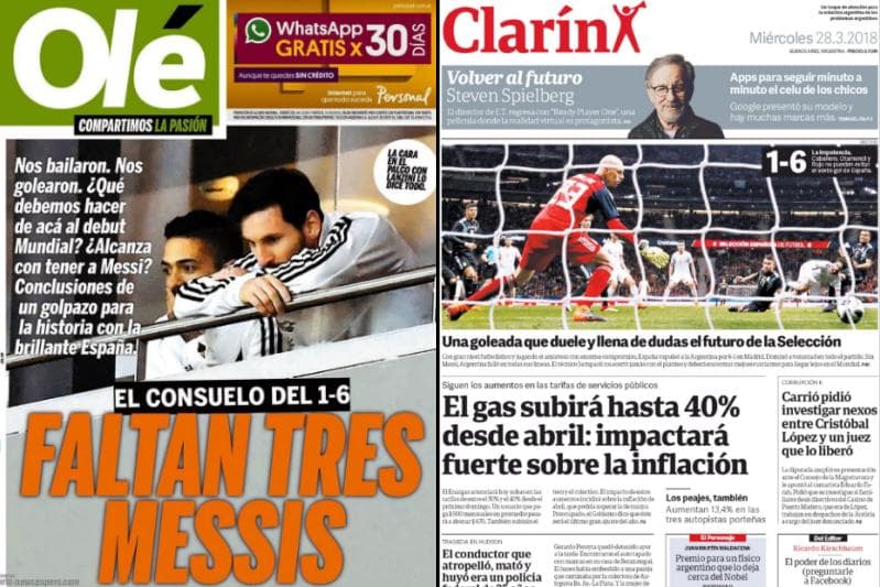Jornais 'Olé' e 'Clarín' destacam vexame argentino em Madri