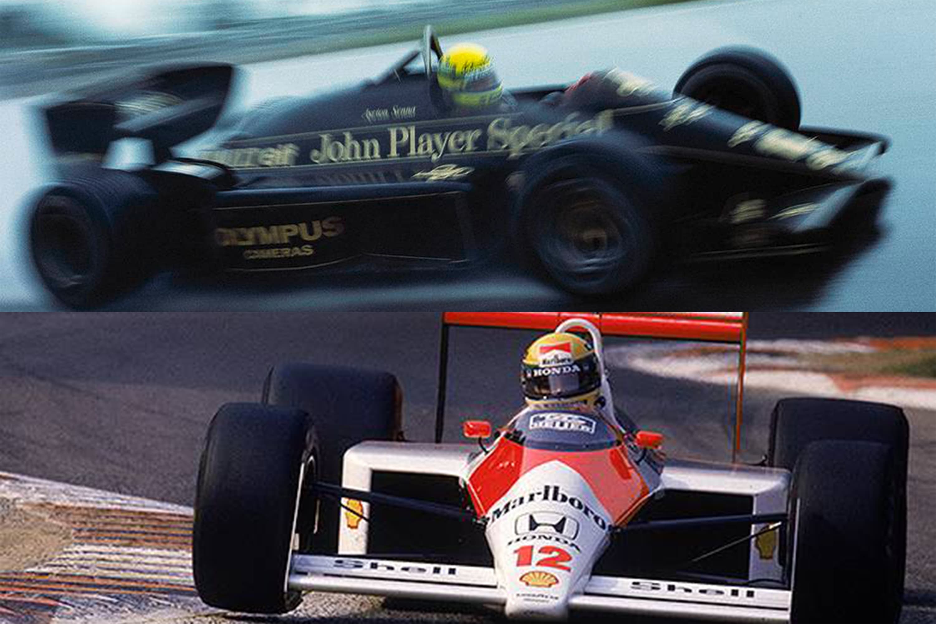 Dois carros icônicos de Ayrton Senna: acima com a Lotus, em 1985, na primeira vitória na F1; e com a McLaren em que conquistou seu primeiro campeonato em 1988