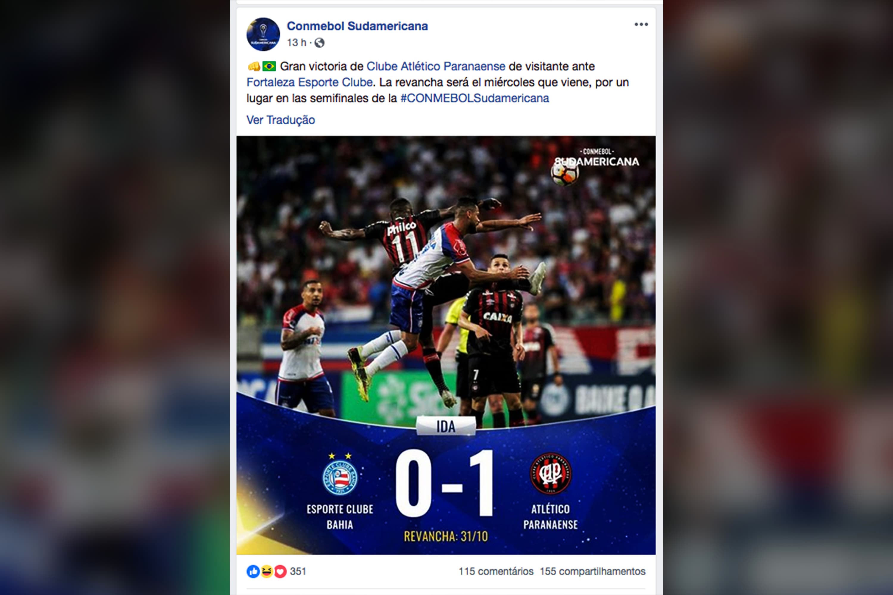Conmebol erra nome de time brasileiro em post sobre a partida entre Bahia e Atlético-PR, válida pela Copa Sulameriana