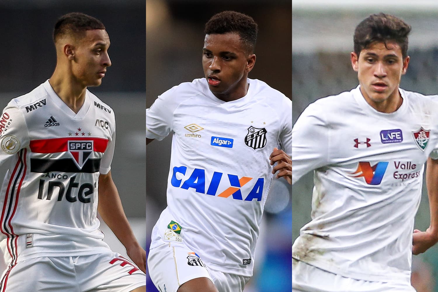 Os jogadores Antony, do São Paulo, Rodrygo, do Santos, e Pedro, do Fluminense
