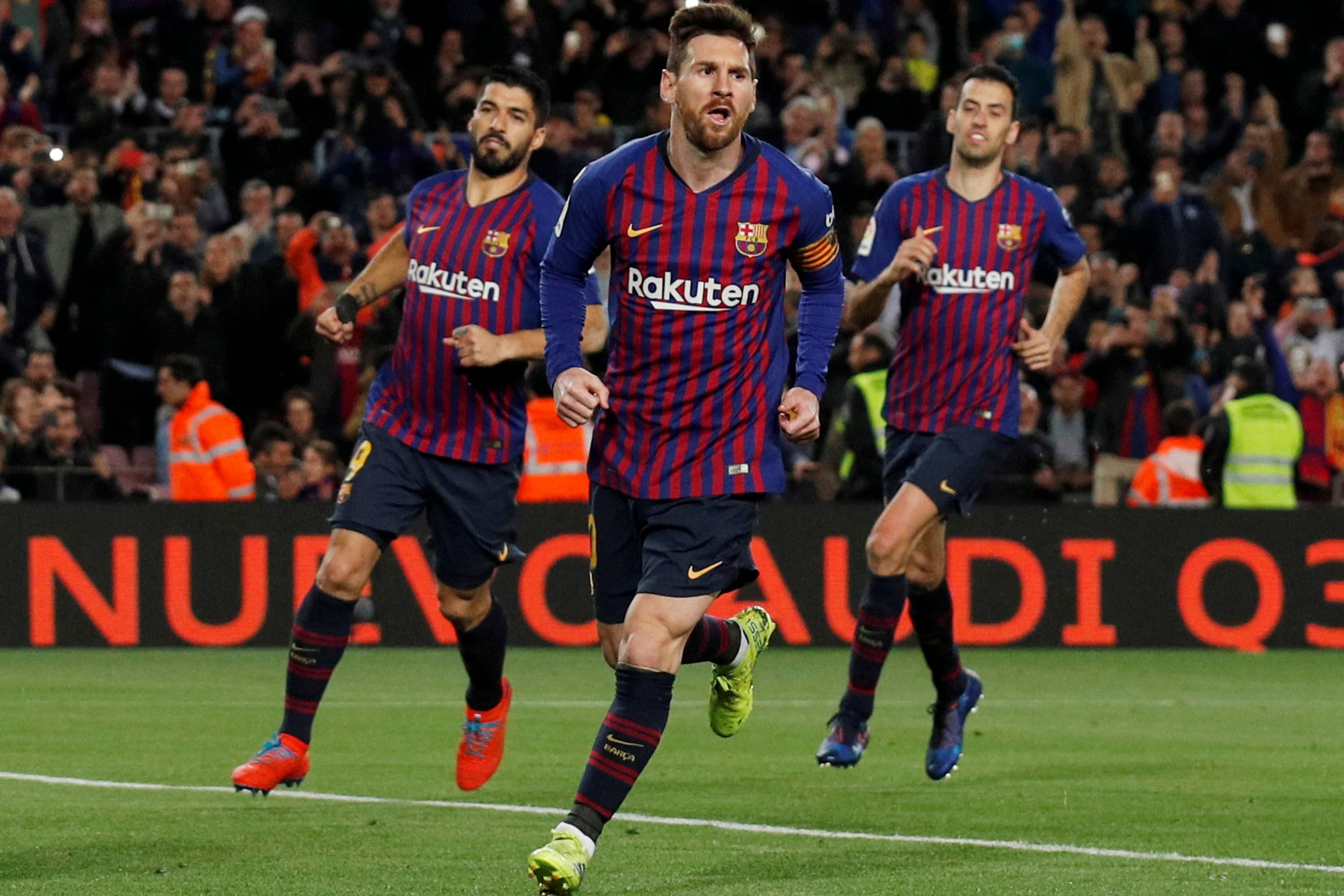 O craque argentino Lionel Messi comemora gol na vitória do Barcelona sobre o Rayo Vallecano, em partida válida pelo Campeonato Espanhol – 09/03/2019