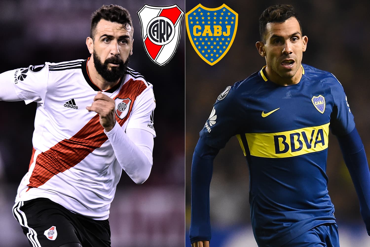 Os jogadores Lucas Pratto e Carlos Tévez, atacantes de River Plate e Boca Juniors