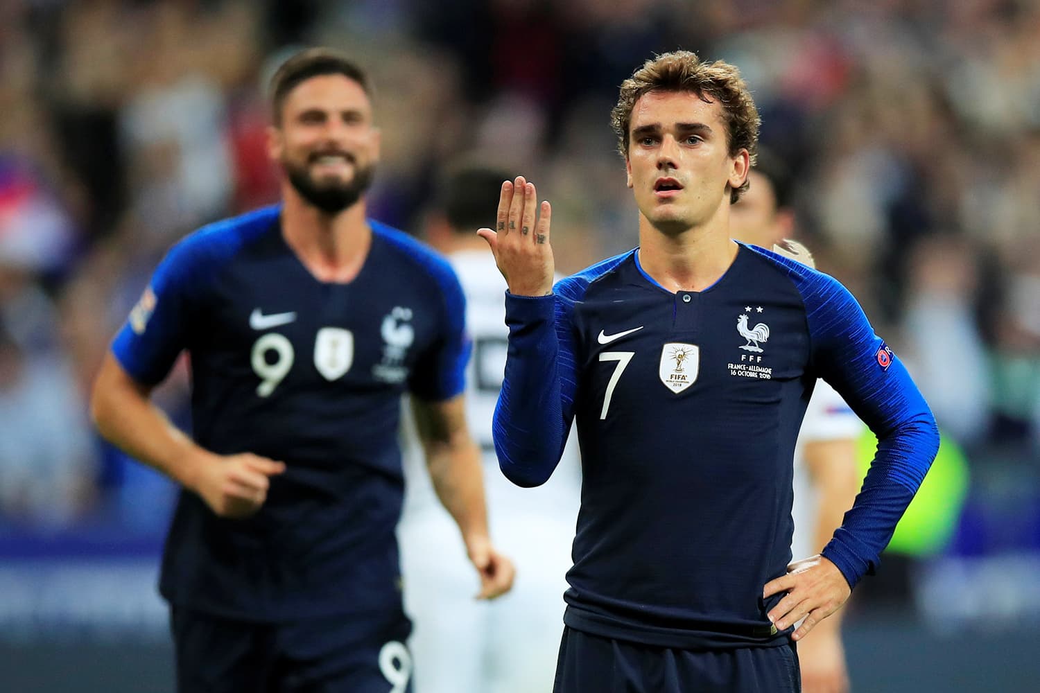 Antoine Griezemann, da França, comemora após marcar gol contra a Alemanha, durante partida válida pela Liga das Nações, realizada em Paris – 16/10/2018