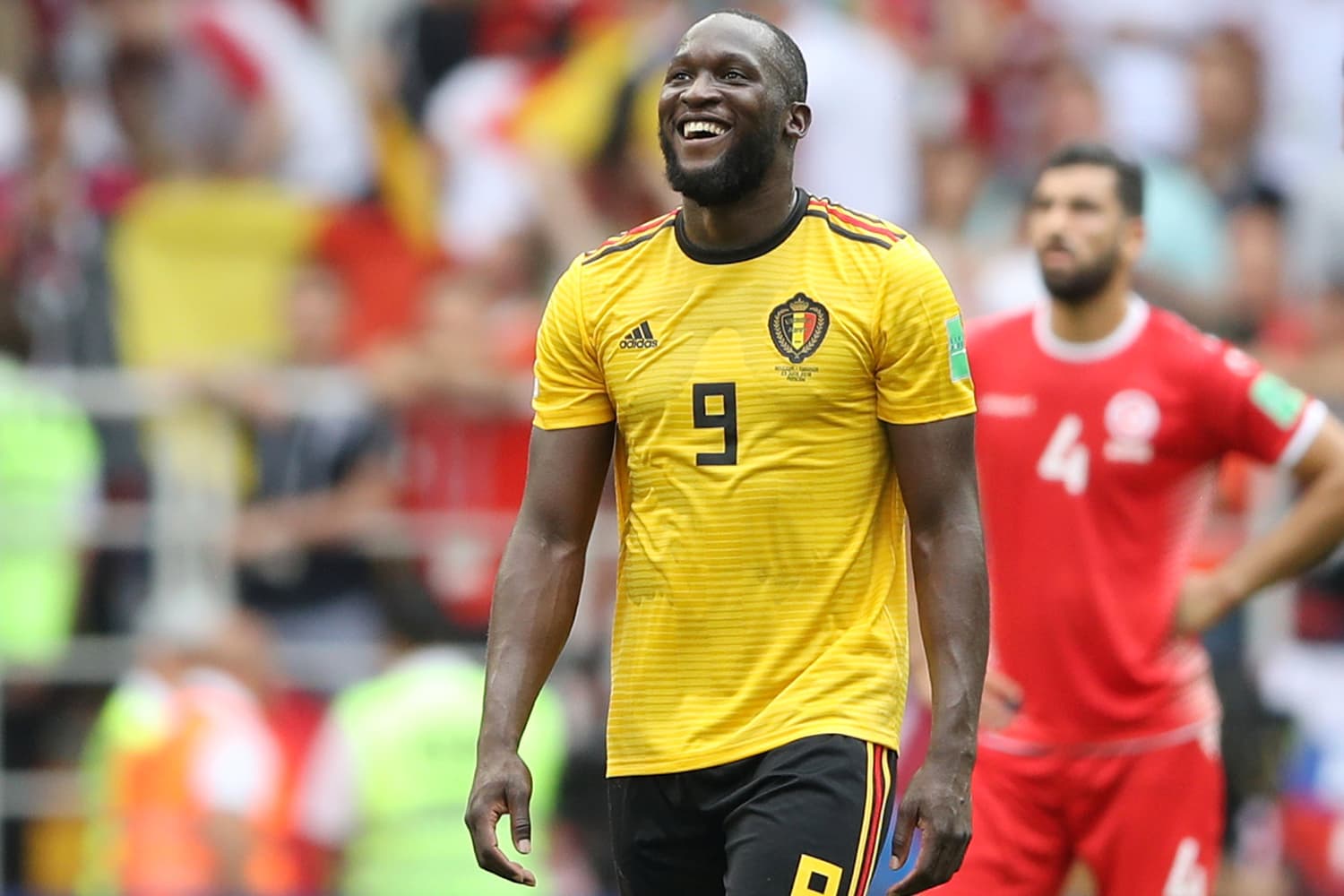 Romelu Lukaku da Bélgica comemora seu segundo gol em partida contra a Tunísia – 23/06/2018