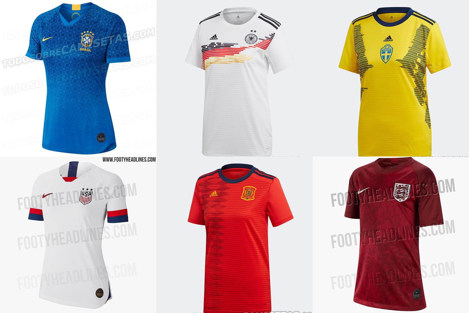 Camisas do Brasil, Alemanha, Suécia, Estados Unidos, Espanha e Inglaterra