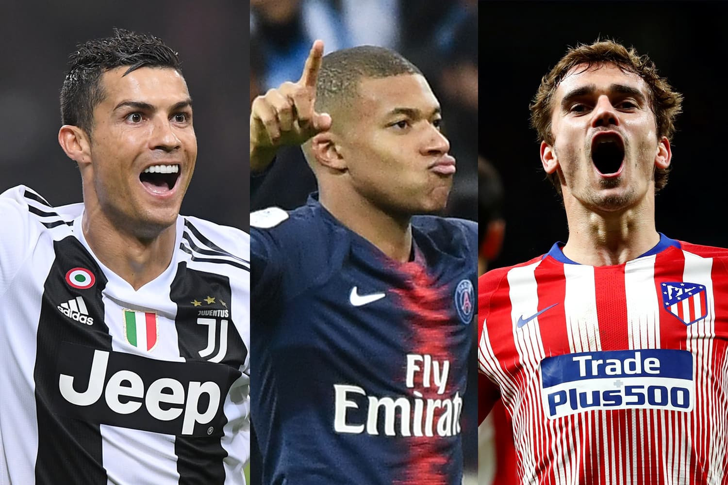 Os jogadores Cristiano Ronaldo, Kylian Mbappé e Antoine Griezmann
