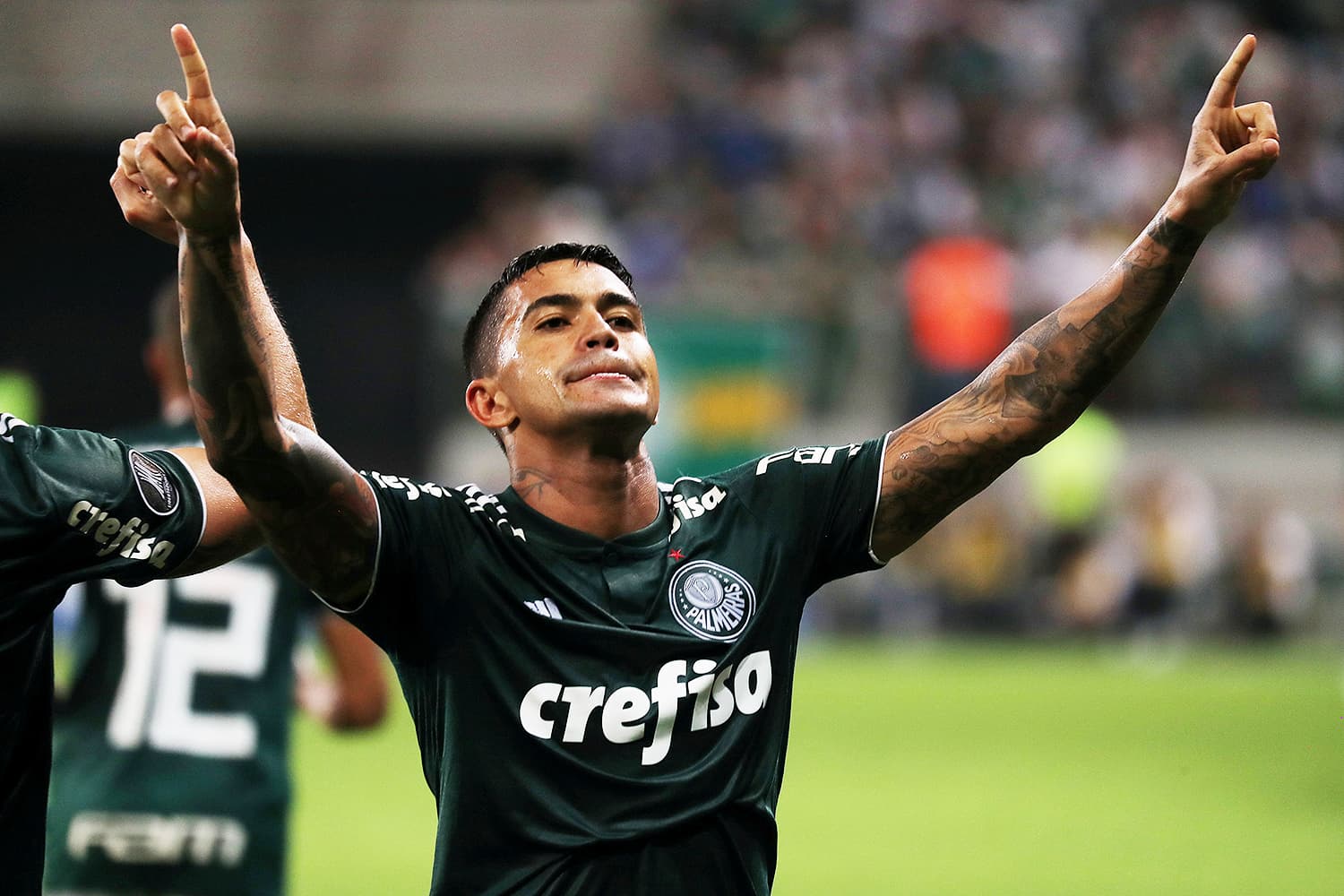 O jogador Dudu, do Palmeiras, comemora após marcar gol durante partida contra o Colo-Colo, válida pelo jogo de volta das quartas de final da Copa Libertadores da América – 03/10/2018