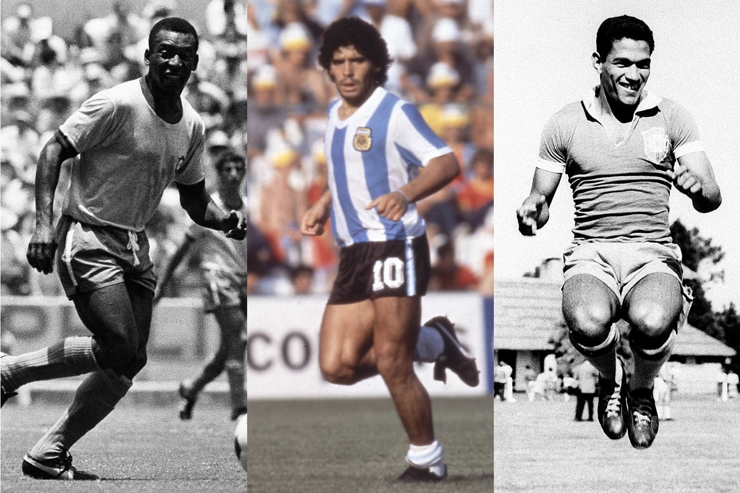 Os ex-jogadores de futebol Pelé, Maradona e Garrincha