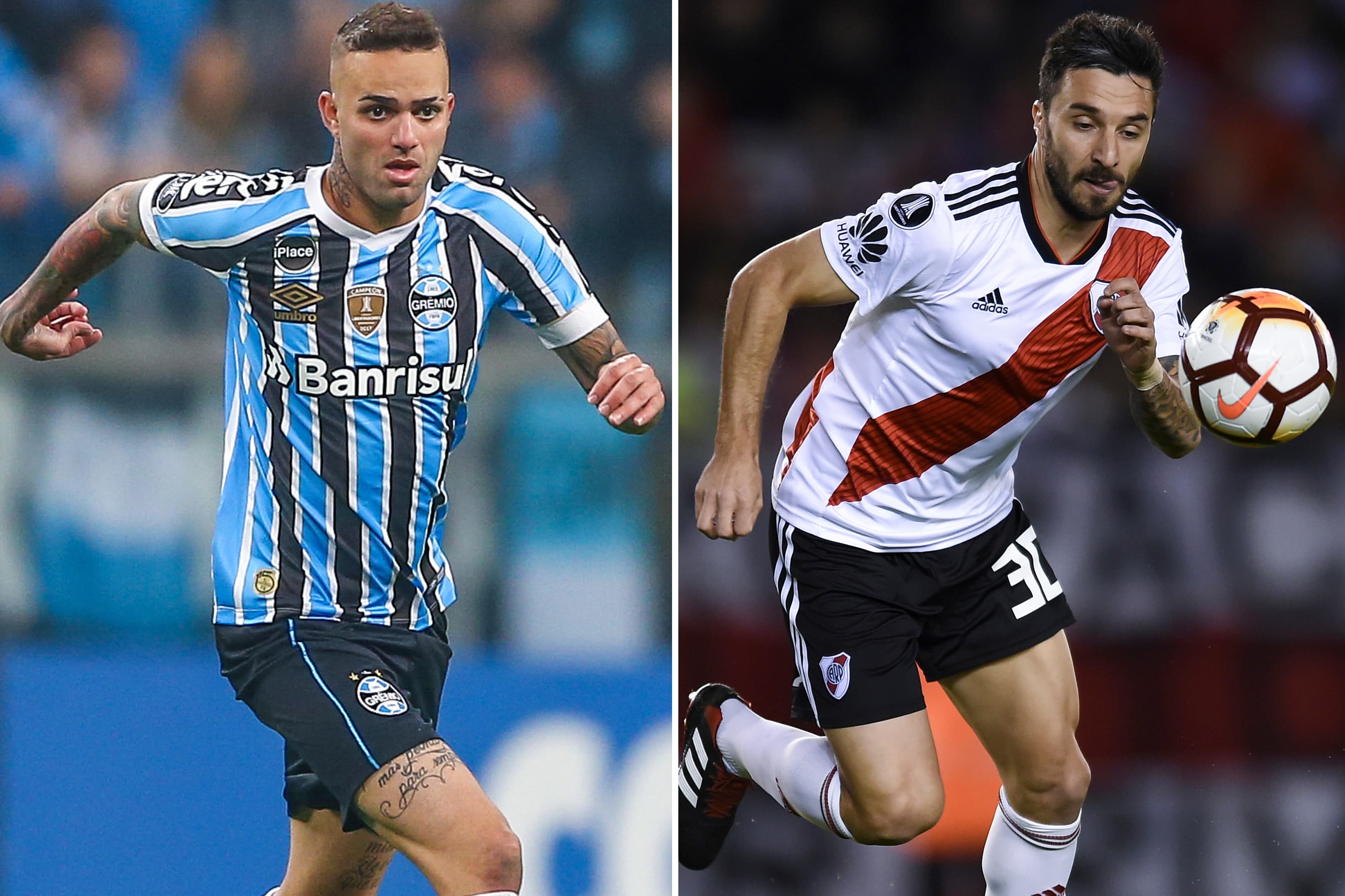 Os atacantes Luan do Grêmio e Ignacio Scocco do River Plate