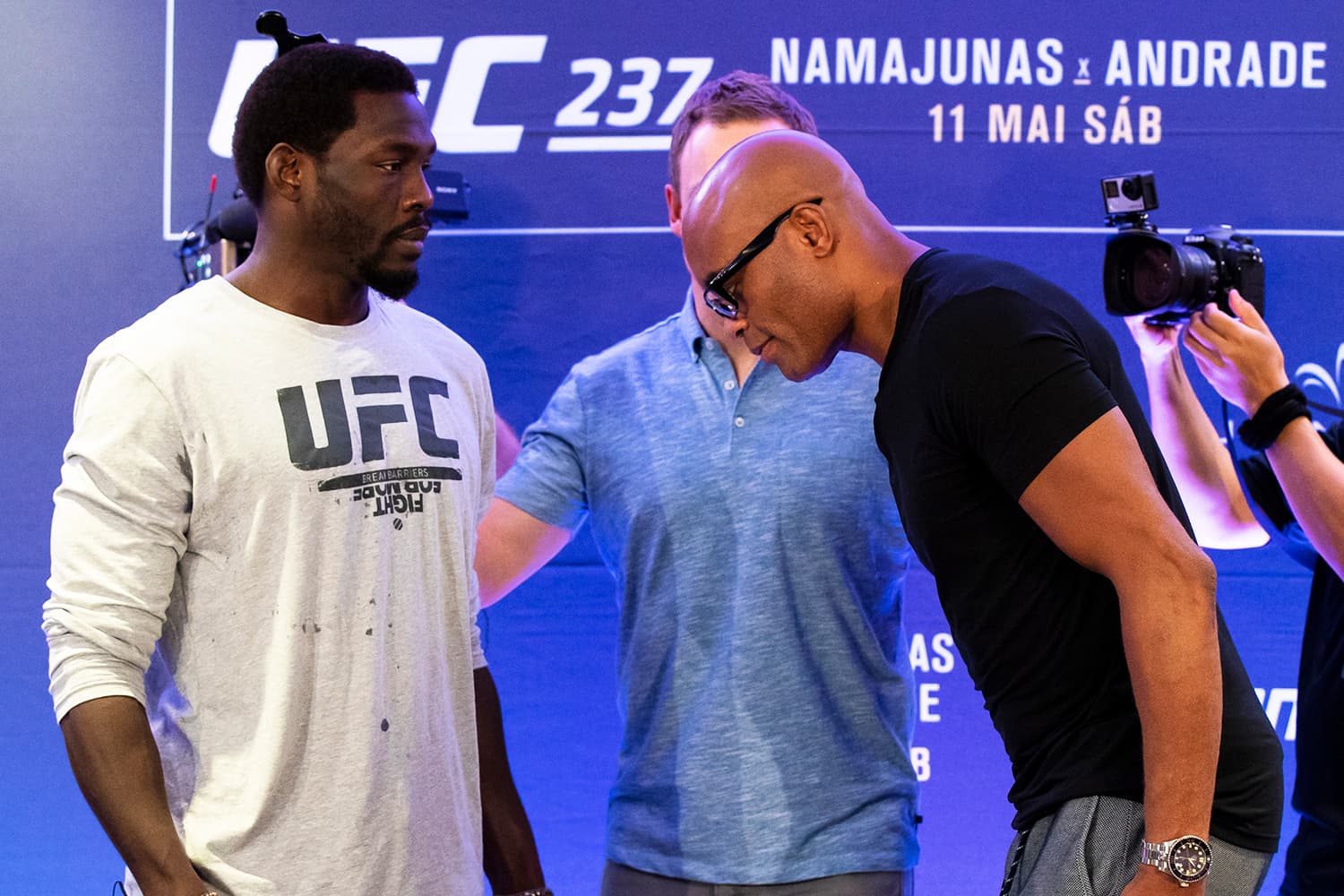 Os lutadores Anderson Silva e Jared Cannonier durante evento de divulgação do UFC 237, que será realizado no Rio de Janeiro (RJ) – 09/05/2019