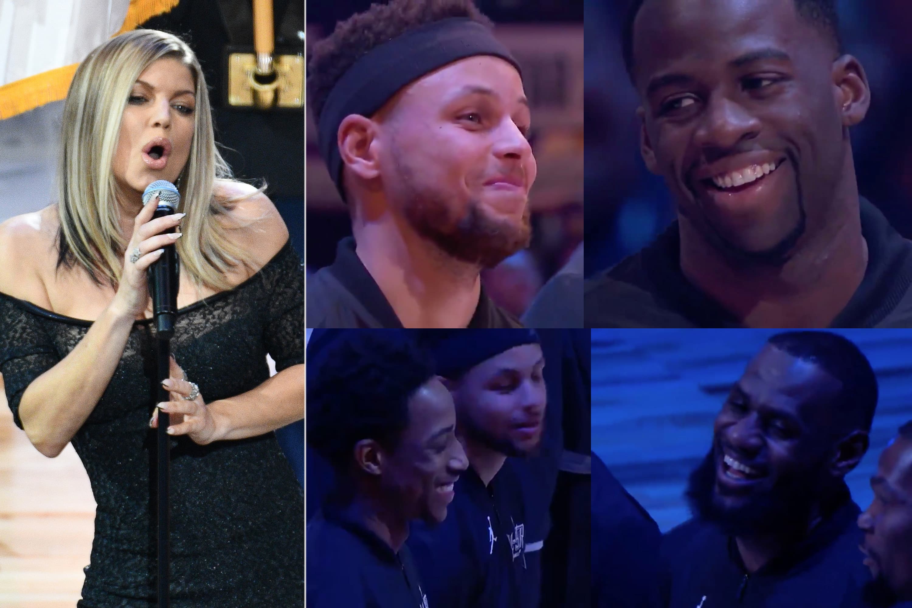 Jogadores da NBA reagem durante o hino nacional cantado pela artista Fergie