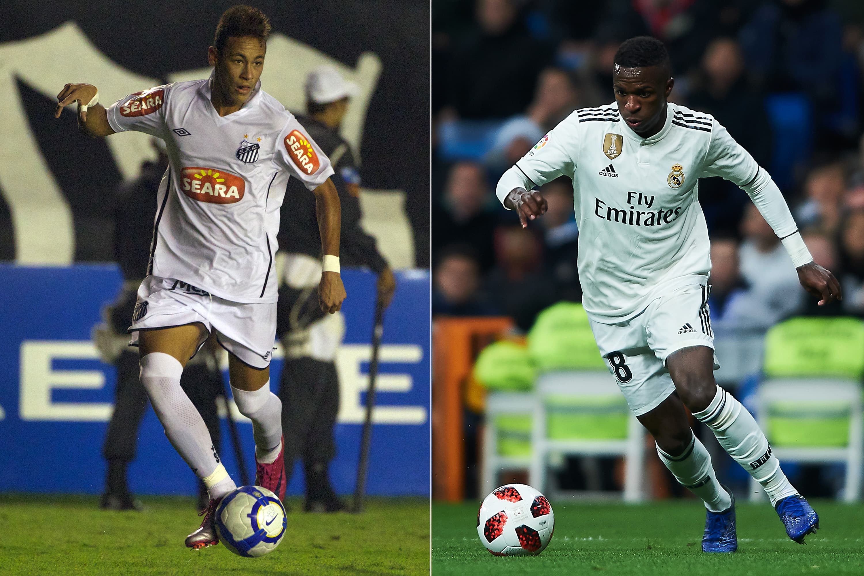 Neymar em 2010, enquanto ainda jogava pelo Santos, e Vinícius Júnior, atuando pelo Real Madrid
