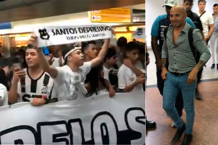Torcida do Santos recepciona Jorge Sampaoli, novo técnico do clube, no Aeroporto de Guarulhos
