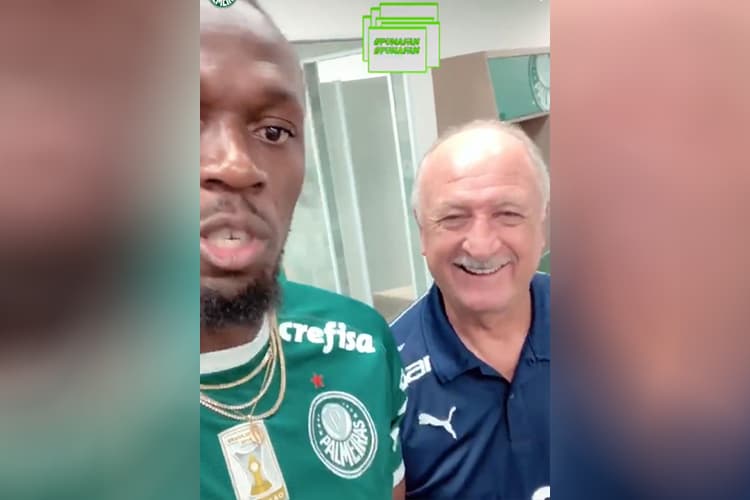 Usain Bolt posa para foto com Luiz Felipe Scolari no CT do Palmeiras – 05/04/2019