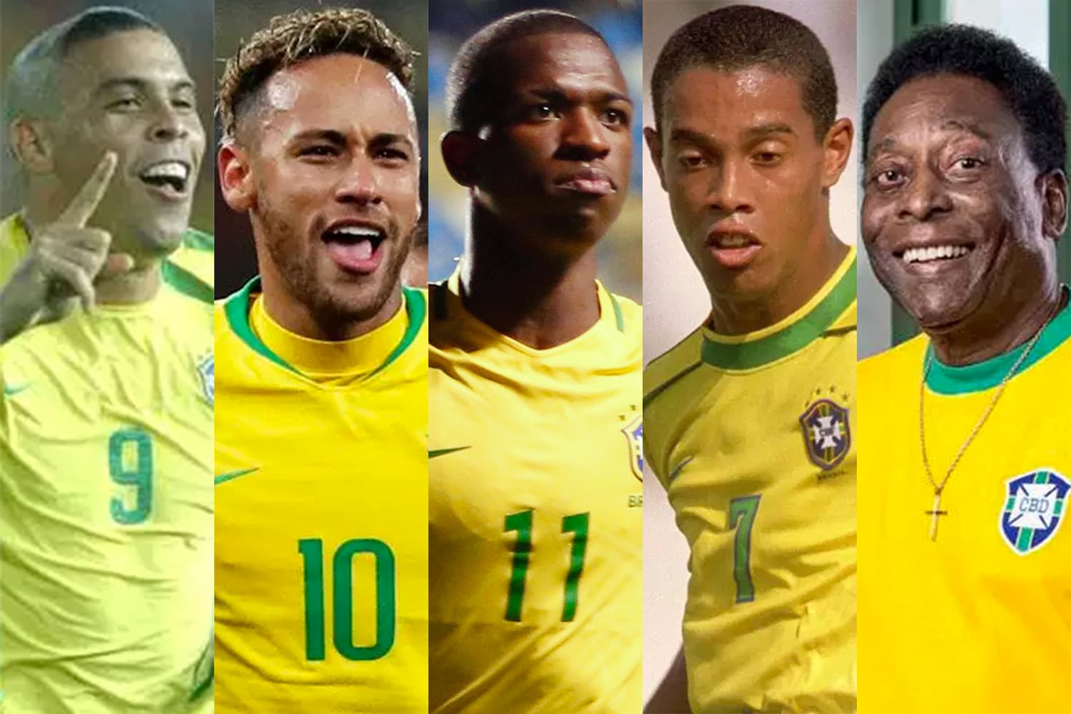Ronaldo, Neymar, Vinícius Júnior, Ronaldinho e Pelé