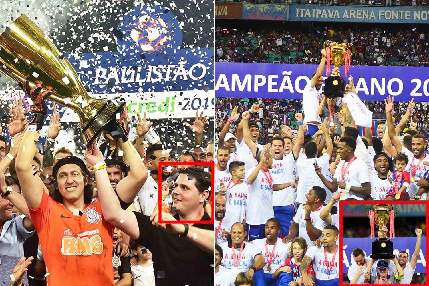Jogadores do Corinthians e do Bahia comemoram após conquistarem os campeonatos estaduais de seus respectivos estados