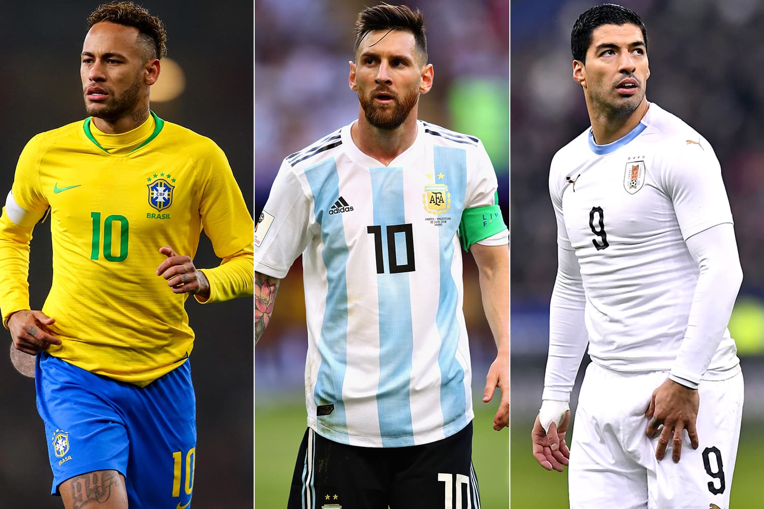 Os jogadores Neymar Jr, do Brasil, Lionel Messi, da Argentina e Luis Suárez, do Uruguai