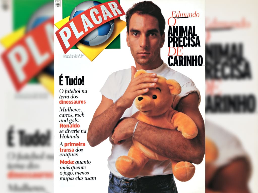A capa de PLACAR com Edmundo e o ursinho de pelúcia, de 1995.