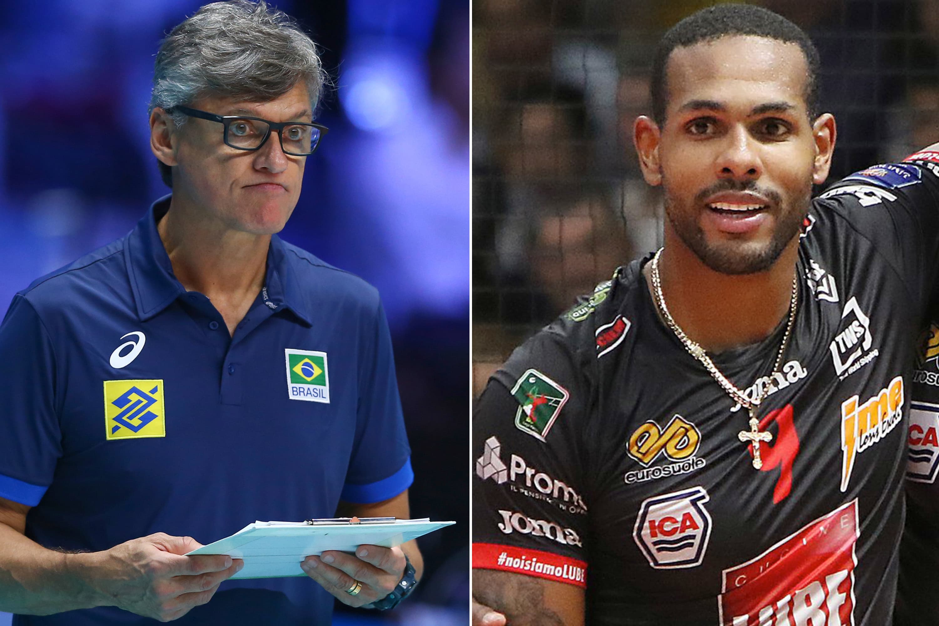 O técnico da seleção brasileira de vôlei Renan Dal Zotto e o jogador de vôlei cubano Yoandy Leal