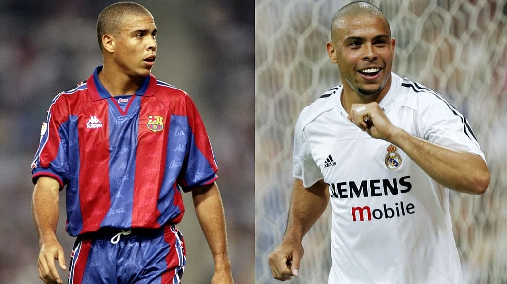 Ronaldo jogando pelo Barcelona (à esq.) e, depois de uma passagem pela Itália, vestindo a camisa do Real Madrid